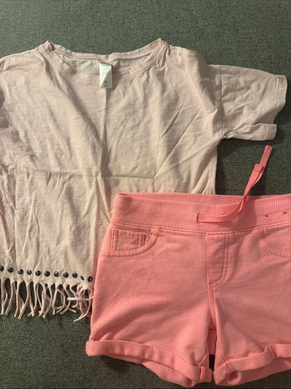 5/$15- Fringe Hem Pink Tee & Coral Pink Shorts Set